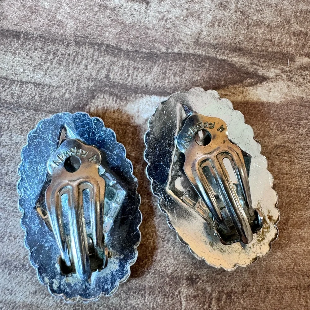 W. Germany Signed Silver Tone Clip-on Earrings Victorian Old Money Art Deco